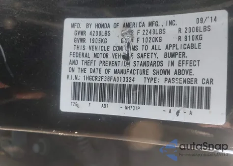 2015 Honda Accord Lx from USA, damaged, VIN 1HGCR2F36FA013324